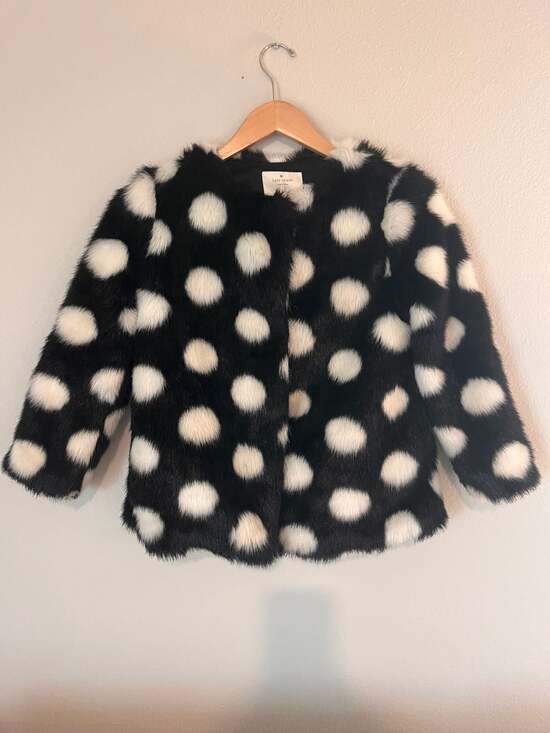 Kate Spade Black & White Polka Dot Faux Fur Coat Girls size 8